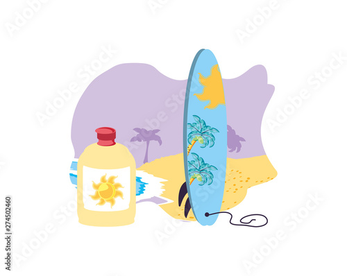 seascape scene with surfboard and solar blocker