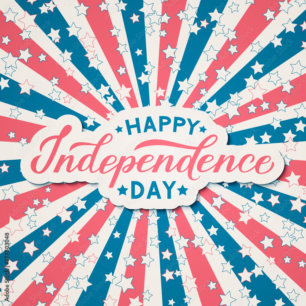 Happy Independence Day calligraphy lettering. 4th of July Retro patriotic background in colors of flag of USA. Easy to edit vector template for logo design, greeting card, banner, flyer. Happy Independence Day calligraphy lettering. 4th of July Retro patriotic background in colors of flag of USA. Easy to edit vector template for logo design, greeting card, banner, flyer.