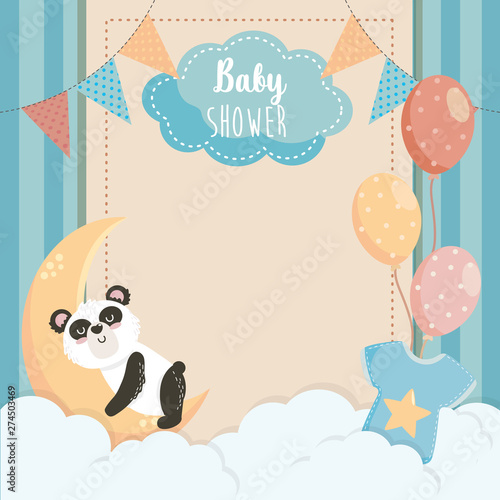 card of cute panda with label and balloons