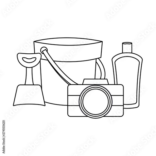 bucket with camera and bottle of blocker
