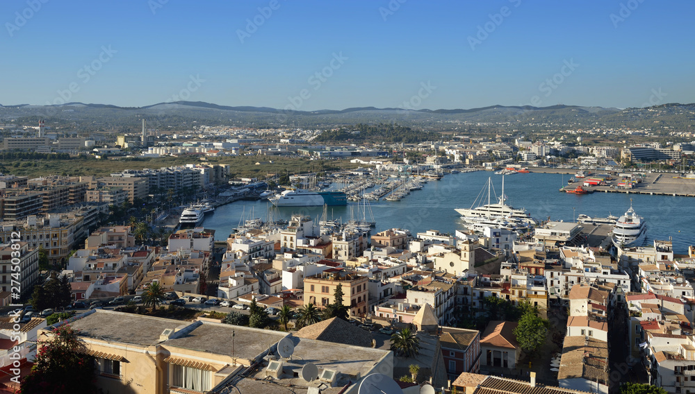 Ibiza Town. Ibiza.Spain - 28 may 2019. Panoramic view from the walls of the castle di Eivissa to the port of Ibiza and the ferry