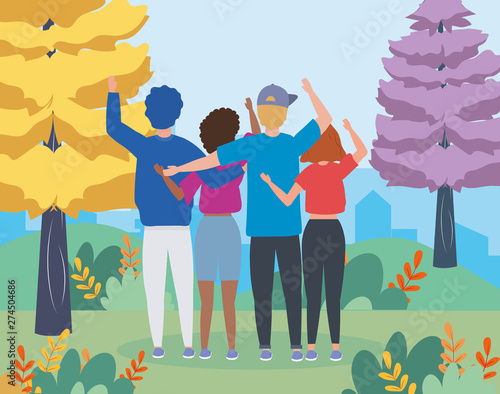 boys and girls couple with pines trees