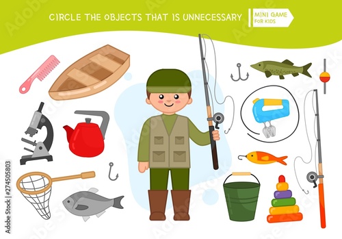 Educational game for children. Cartoon fisherman. Circle the objects that is unnecessary. 
