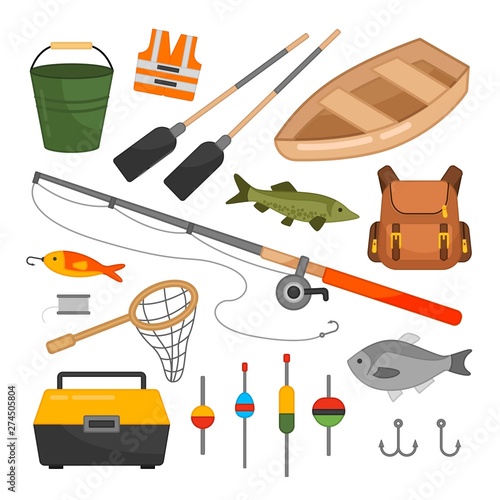 Vector set of equipment for fishing. Cartoon illustration of a boat, fishing rods, floats and other devices for fishing