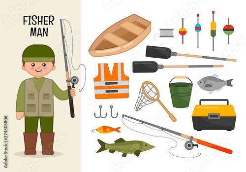 Vector character fisherman. Illustrations of fisherman equipment. Set of cartoon professions.