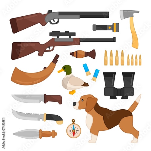 Vector set of equipment for hunting. Cartoon illustrations of shotguns, knives, ammunition and other devices for hunting.