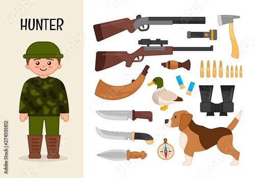 Vector character hunter. Illustrations of hunter equipment. Set of cartoon professions.