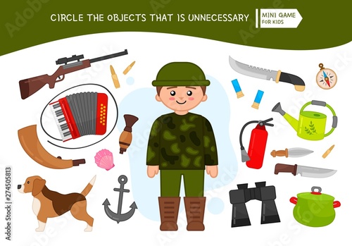 Educational game for children. Cartoon hunter. Circle the objects that is unnecessary. 