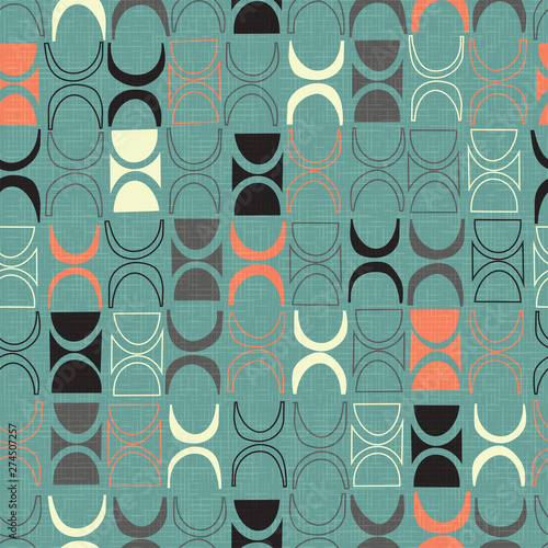 Seamless abstract mid century modern pattern for backgrounds, fabric design, wrapping paper, scrapbooks and covers. Retro design of crescents and circles. Vector illustration.