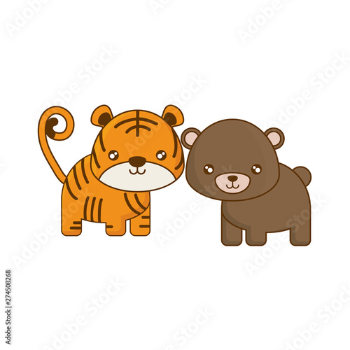 cute tiger with bear animals isolated icon