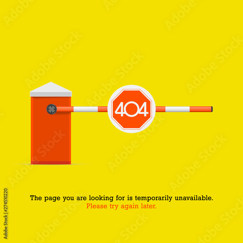 404 Page not Found Design Template. Orange Striped Car Barrier with Stop Sign. 404 Error Concept. Link to Non-Existing Domain. Vector Illustration