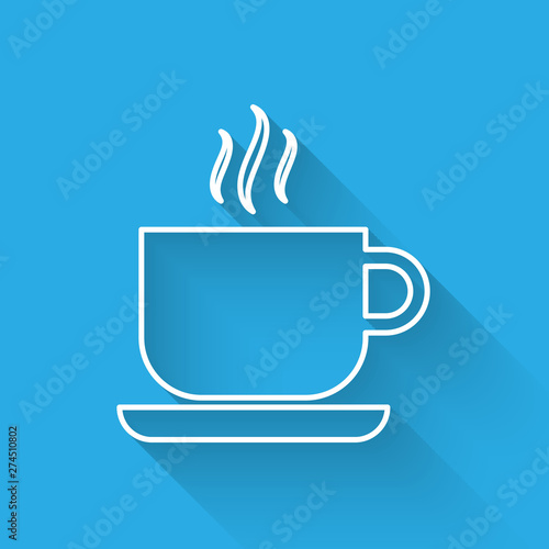White Coffee cup icon isolated with long shadow. Tea cup. Hot drink coffee. Vector Illustration