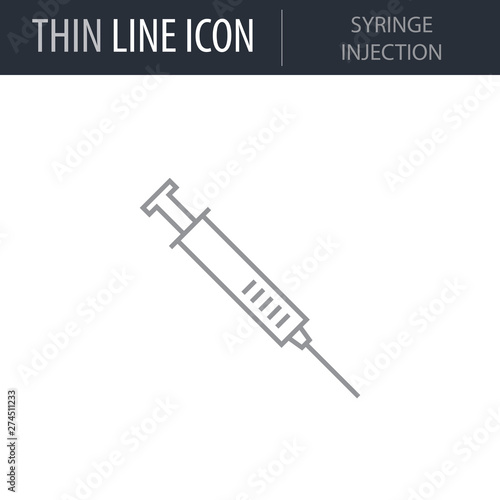 Symbol of Syringe Injection. Thin line Icon of Medicine Part One. Stroke Pictogram Graphic for Web Design. Quality Outline Vector Symbol Concept. Premium Mono Linear Beautiful Plain Laconic Logo