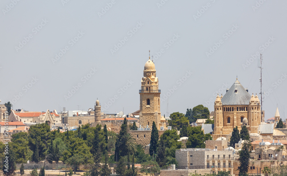 Dormitsion abbey in old city Jerusalem at far view