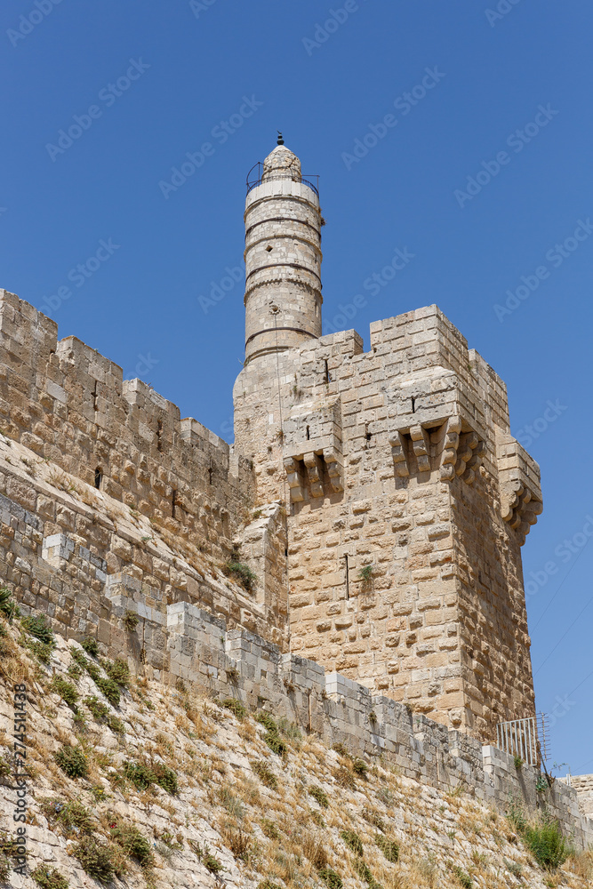 Vertical view on round Tower of David at wall