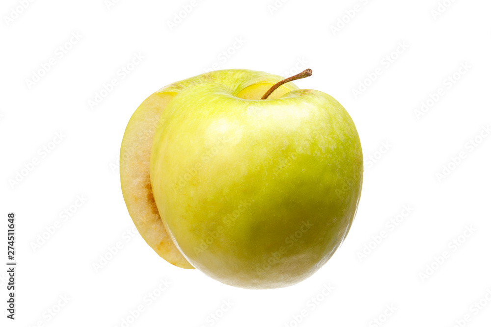 Two stacked halves of a rotten apple