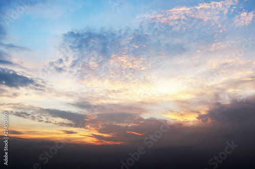 Dramatic atmosphere panorama view of tropical beautiful twilight sky and clouds background in summer.