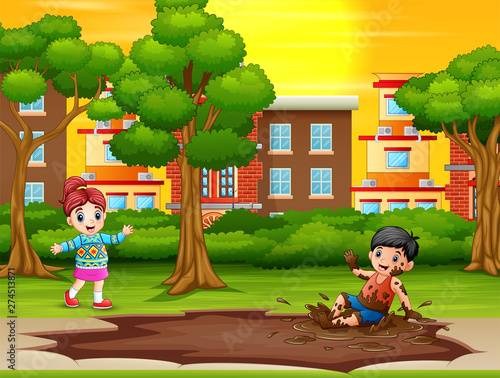 Boys invite girls to play in mud puddle
