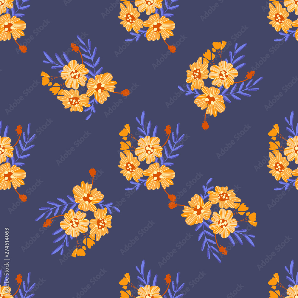 Obraz premium Bright trendy modern seamless pattern. Orange - blue fantastic flowers