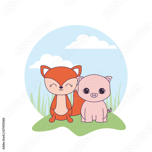 cute piggy with fox animals in landscape