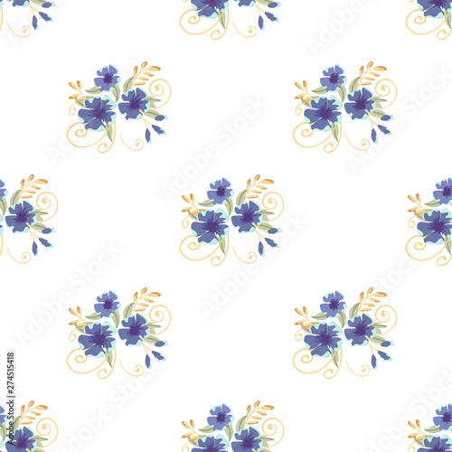 Vintage seamless pattern with field small blue flowers on white background. Flower vector. Romantic floral surface design. Spring landscape.