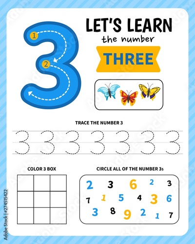 Kids learning material. Worksheet for learning numbers. Number 3. 