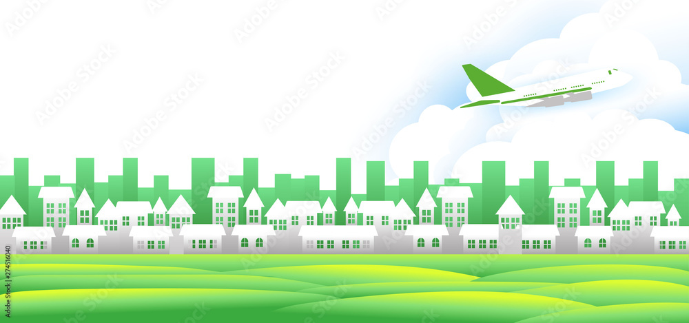 Travel concept, A white village with a green lawn with Planes in the sky and also a tourist attraction.