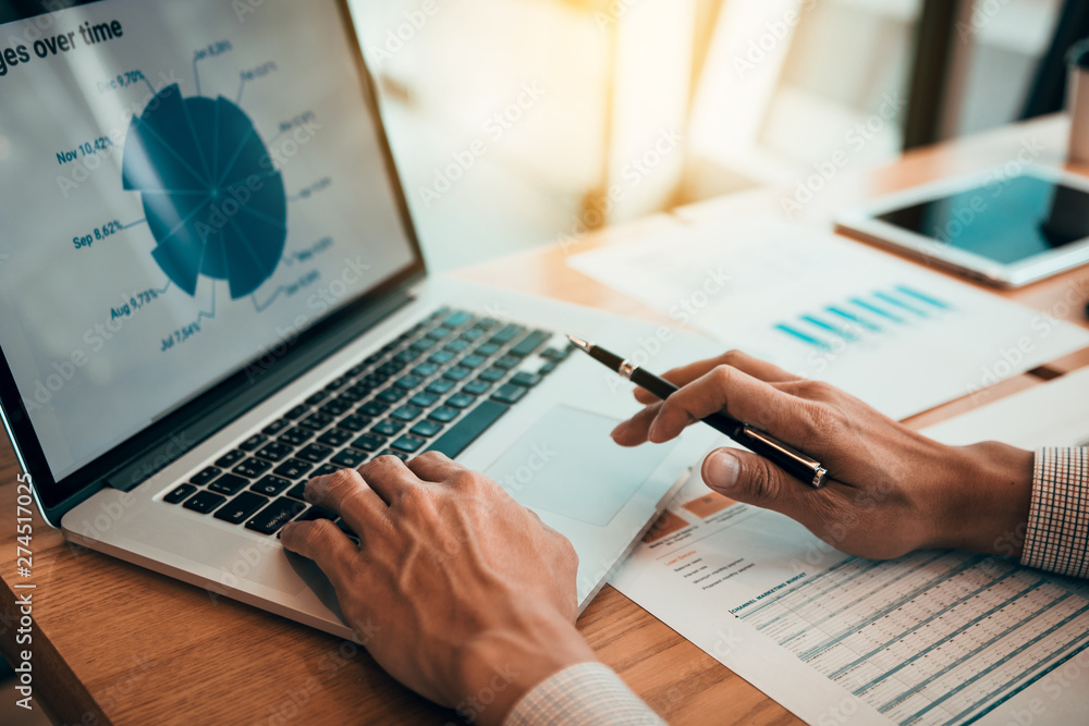 Manager is using a laptop computer while analyzing the company's financial statements on the screen. Manager is using a laptop computer while analyzing the company's financial statements on the screen.