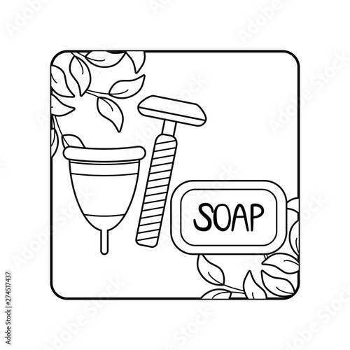 menstrual cup with soap and razor barber disposable in frame