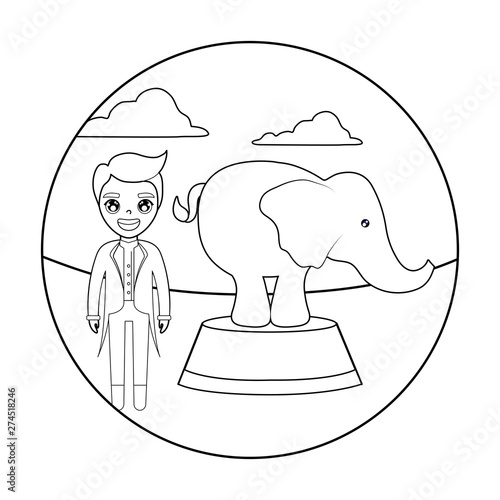 circus animal tamer male with elephant in frame circular