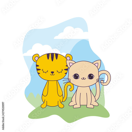 cute cat and tiger animals in landscape