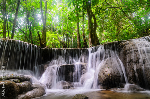 Huai Mae Kamin Waterfall in the rainy season at the tropical forest of Kanchanaburi National Park  Thailand
