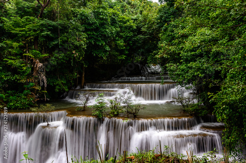 Huai Mae Kamin Waterfall in the rainy season at the tropical forest of Kanchanaburi National Park, Thailand