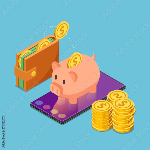 Isometric piggy bank on smartphone with wallet and dollar coins