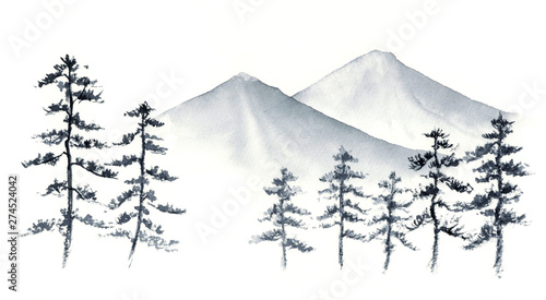 山 松の木 水墨画 墨絵 Stock イラスト Adobe Stock