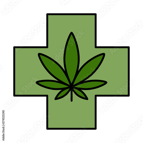 Medical cross with cannabis leaf. Healthcare and medicinal logo. Isolated vector illustration on white background.
