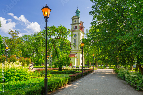 Beautiful green park with the old church in Sopot, Poland