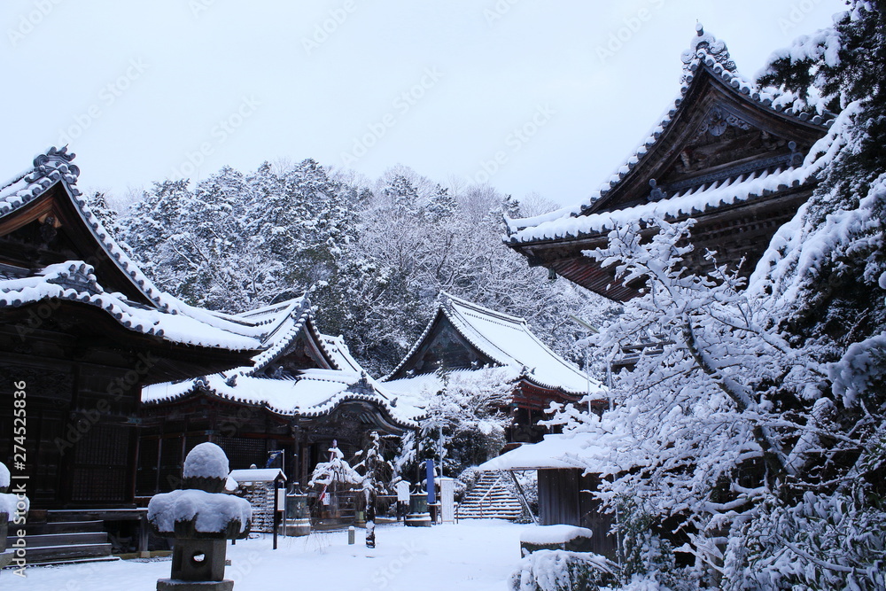積雪した滋賀県彦根市の大洞弁財天(長寿院) の境内の様子です