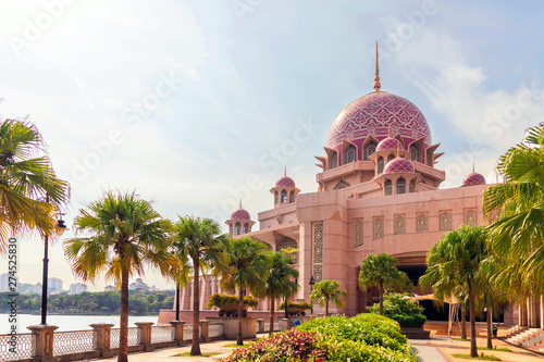 Putra Mosque faces the scenic Putrajaya Lake. It is one of the most visited landmarks in Putrajaya, Malaysia.  photo
