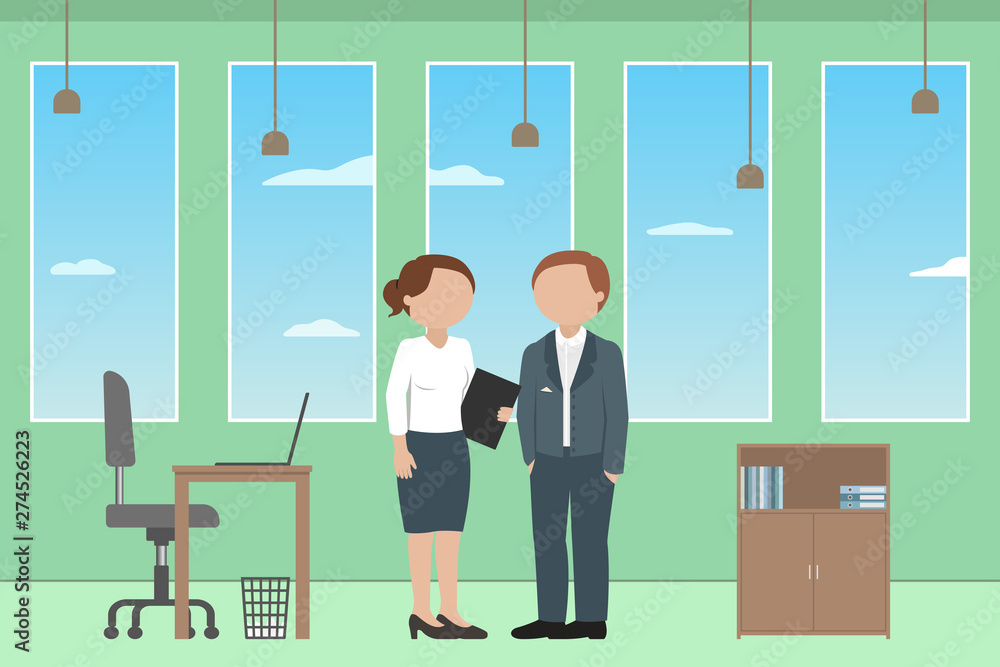 Caucasian man and woman standing and talking in office room. Vector illustration. Caucasian man and woman standing and talking in office room. Vector illustration.