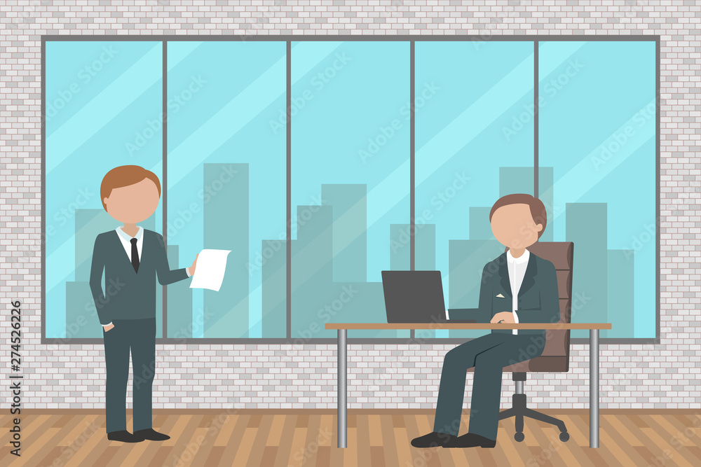 Two employees discussing something in office. Vector illustration. Two employees discussing something in office. Vector illustration.