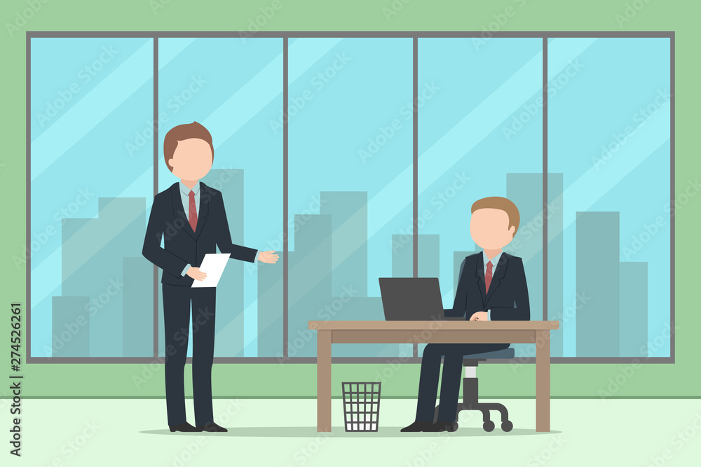 Two Caucasian managers working in office. Vector illustration.
