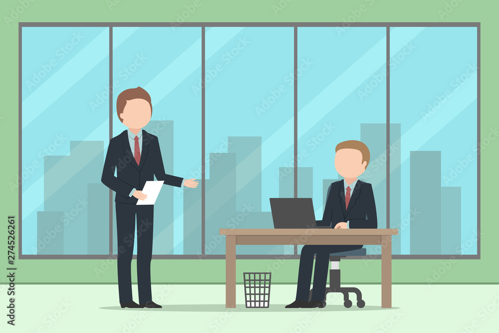 Two Caucasian managers working in office. Vector illustration. Two Caucasian managers working in office. Vector illustration.