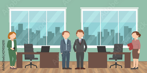 Office routine. Working day. Employees standing near desk. Vector illustration.