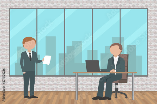 Two employees discussing something in office. Vector illustration.