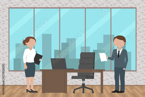 Chief giving task to his secretary. Vector illustration.