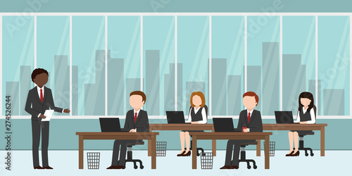 African American boss and his subordinates. Office routine. Vector illustration.