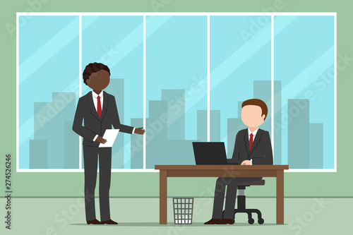 African American employee and his Caucasian colleague. Working day in office. Vector illustration.