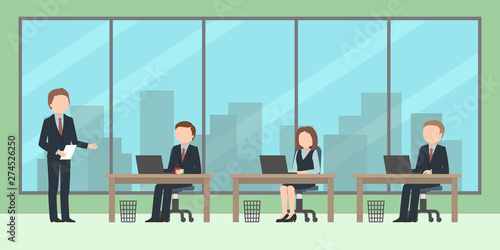Employees working in open plan office. Vector illustration.