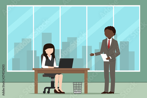 African American chief and his secretary. Vector illustration.